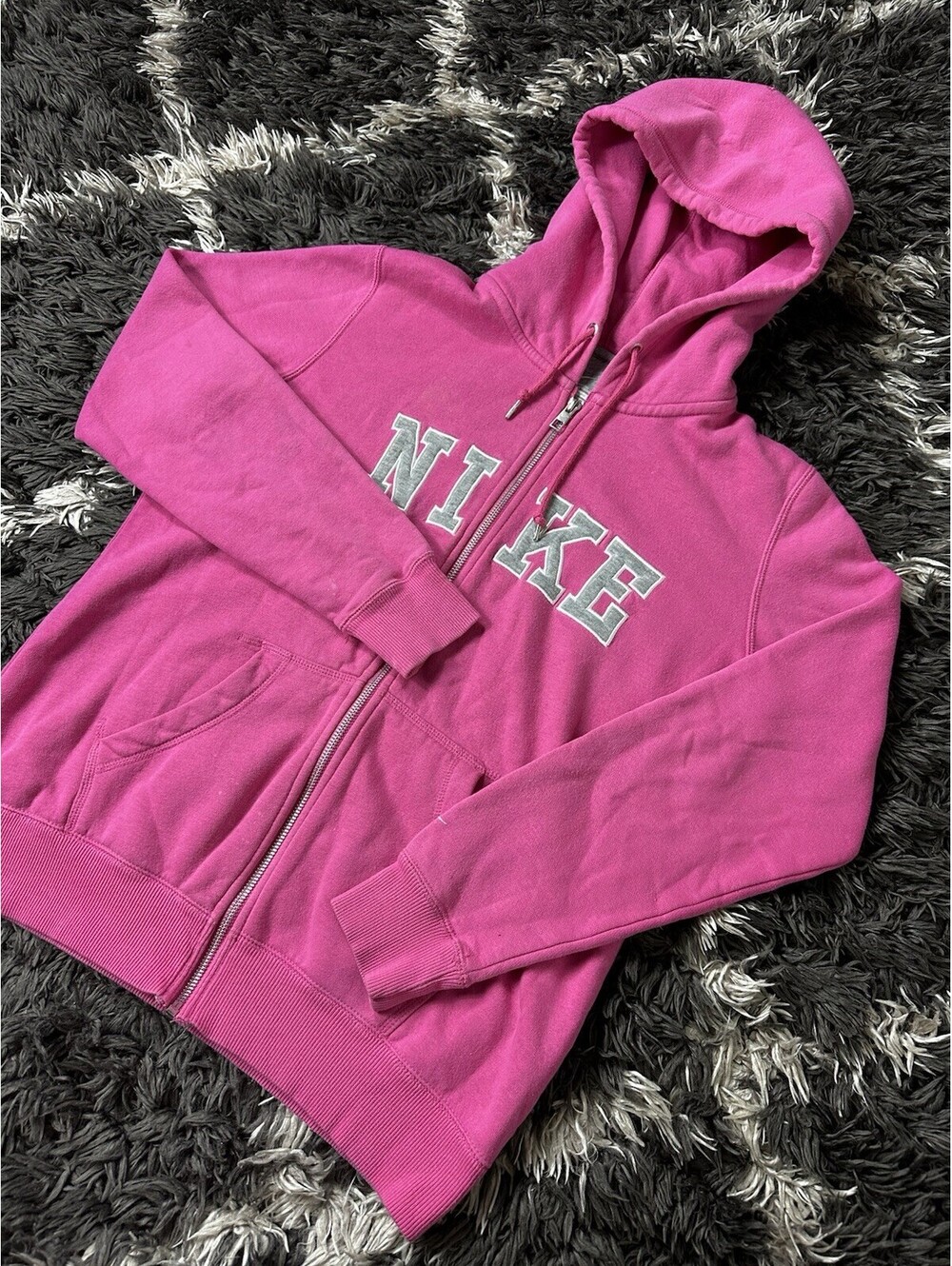 Nike Womens Full Zip Hoodie Sweatshirt Size Large Bright Pink Silver Spellout